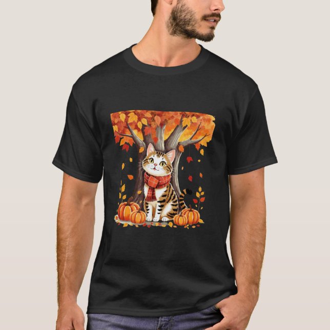 Söt Katt Lövfällning Höst för kattälskare T Shirt (Framsida)