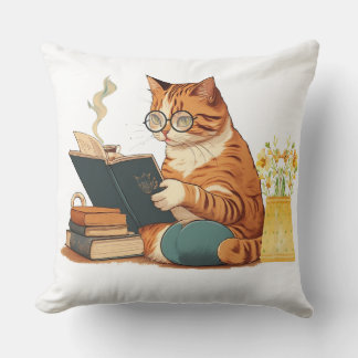 Söt katt mamma som läser bok och dricker kaffe kudde