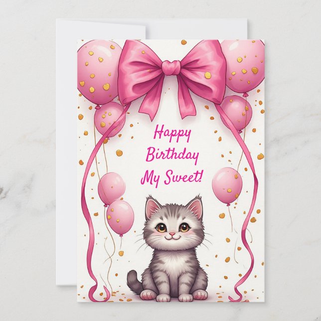Söt katt med ballonger för födelsedag 🎀 (Framsida)