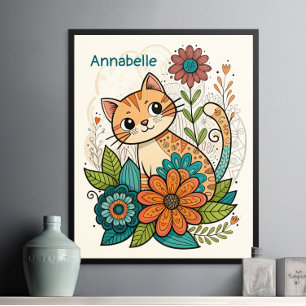 Söt Katt med Blommor Affisch