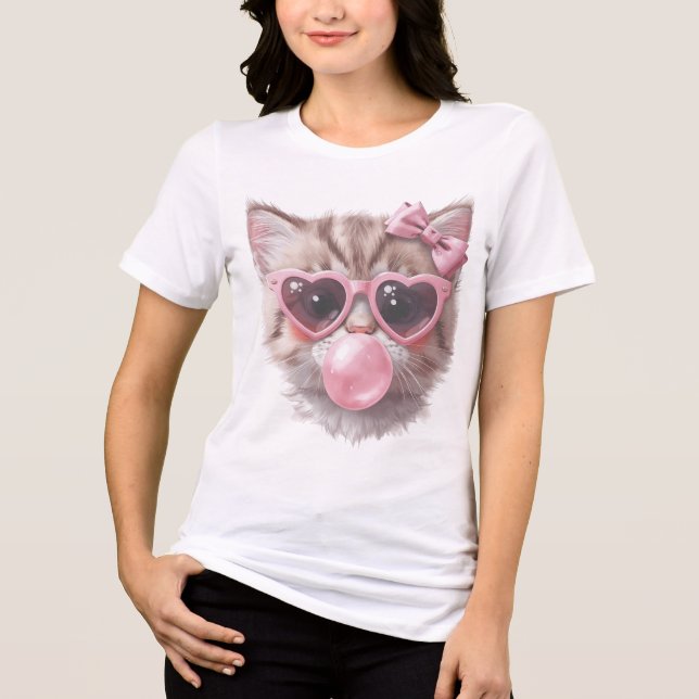 Söt katt med bubbelgummi-tee t shirt (Framsida)
