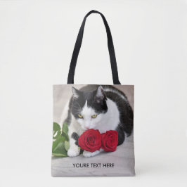 Söt katt med den röda rosen tygkasse