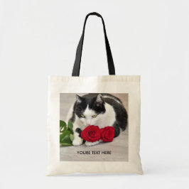 Söt katt med den röda rosen tygkasse