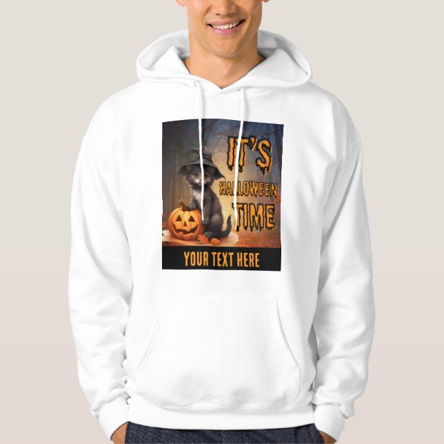 söt katt med en pumpkin i halloween redigerbar hoodie (Framsida)