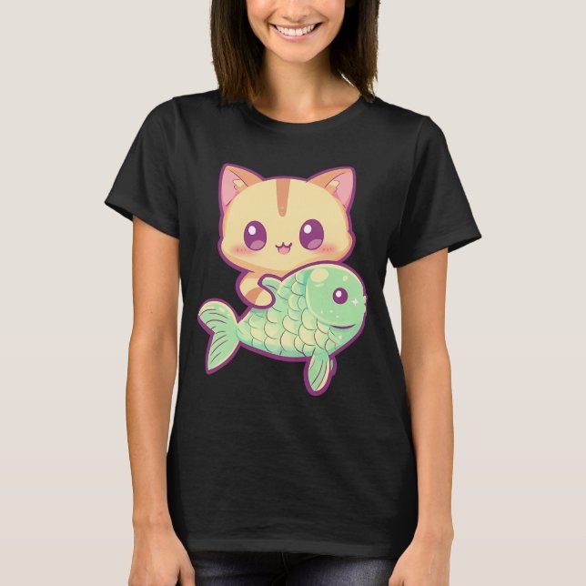Söt katt med fisk t shirt (Framsida)