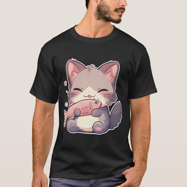 Söt katt med fisk t shirt (Framsida)