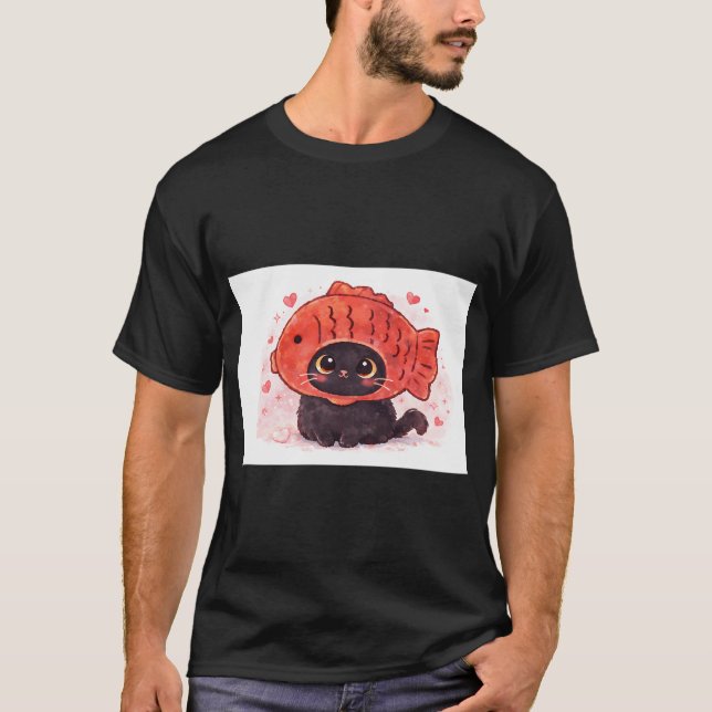 Söt katt med fiskhatt-illustration t shirt (Framsida)