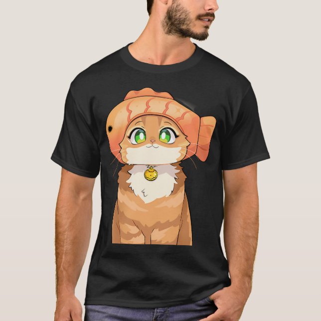 Söt katt med fiskhatt t shirt (Framsida)