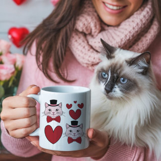 Söt katt med flugskjorta och hjärtan valentine’s d kaffemugg
