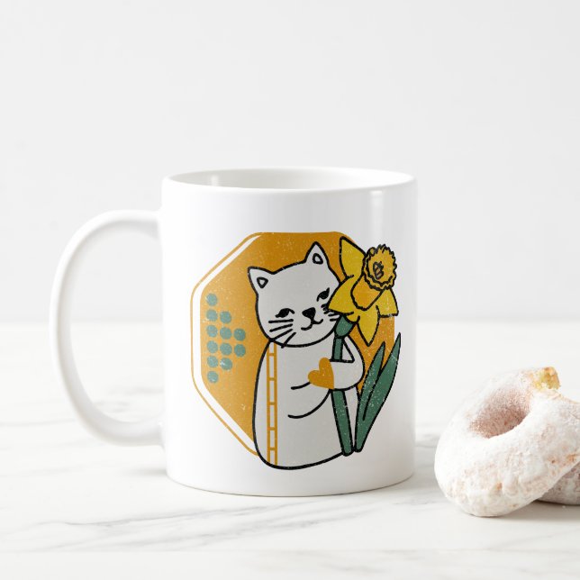 Söt katt med gul narcissblomma kaffemugg (Med munk)