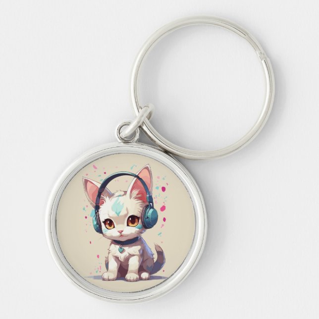 Söt katt med hörlurar charm rund silverfärgad nyckelring (Framsidan)