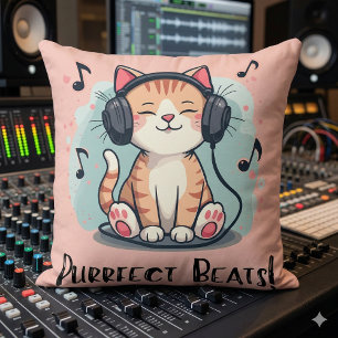 Söt katt med hörlurar Kawaii musikkärlek konst Kudde