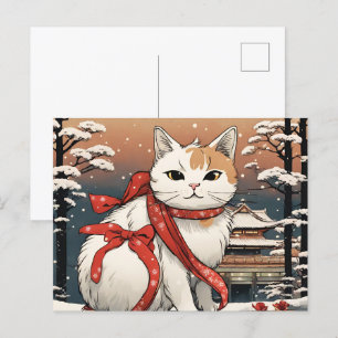 Söt katt med japanskt tempel för kattälskare vykort