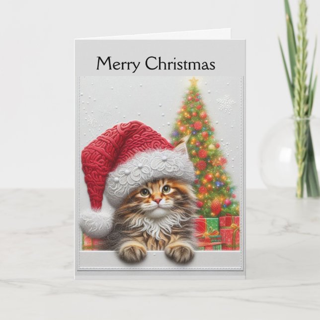 Söt katt med jultomtehatt jul helgkort (Framsida)