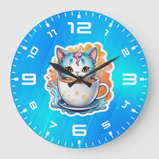 Söt katt med kaffemugg seriefigurer design-94678 stor klocka (Framsida)