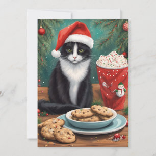 Söt katt med kakor och tomtehatt julkort