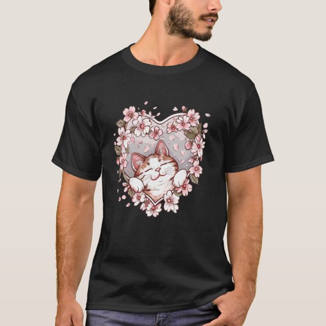 Söt Katt Med Körsbärsblommor I Katt T Shirt (Framsida)