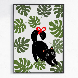 Söt Katt Med Monstera-Blad Och Rosett Poster