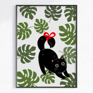 Söt Katt Med Monstera-Blad Och Rosett Poster