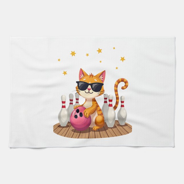 Söt katt med solglasögon Katt som spelar bowling f Kökshandduk (Horisontell)