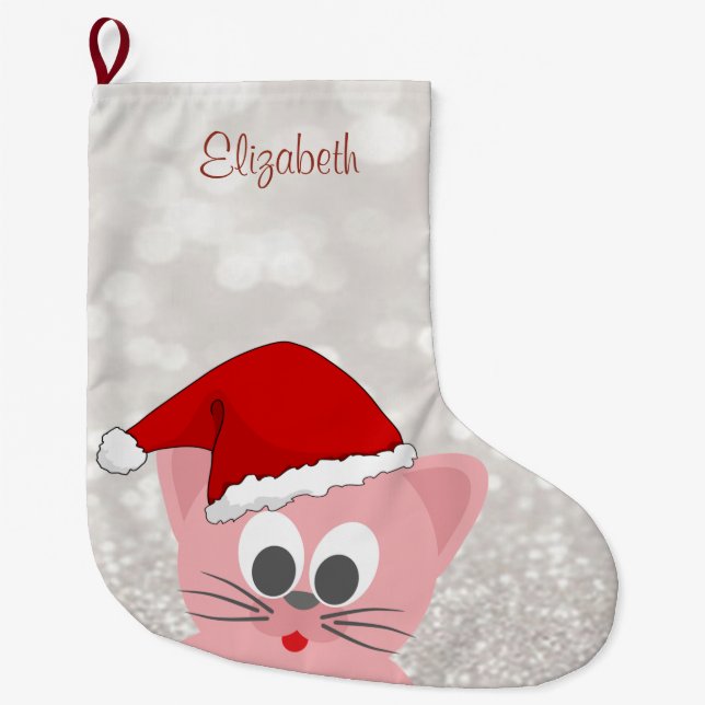 Söt katt med tomteluva, glitterigt bokeh stor julstrumpa (Framsidan)