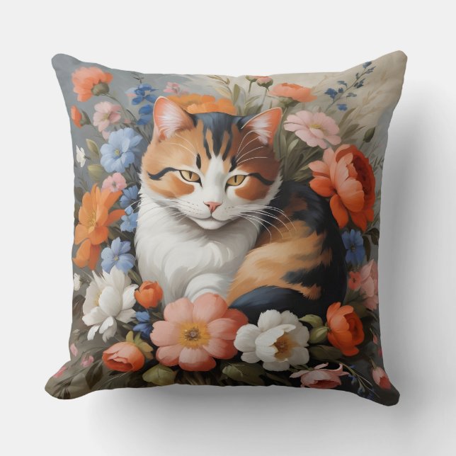 Söt katt med trefärgat päls och blommor kudde (Framsida)