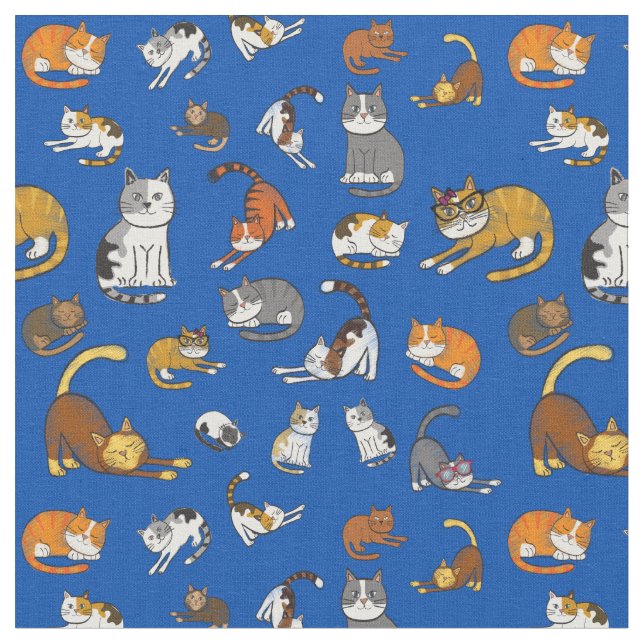 Söt katt mönster-design för kattälskare - blått ba tyg (Närbild)