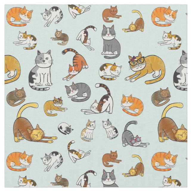 Söt katt-mönster-design för kattälskare-turkos tyg (Närbild)