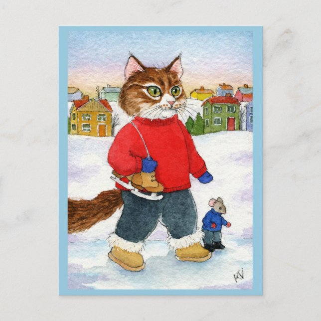 Söt katt mus skater vinter natur vykort (Framsida)