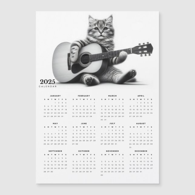 Söt katt och akustisk gitarr 2025 Magnet Calendar (Framsida)