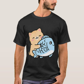 Söt Katt och Fisk Tecknad Film T Shirt