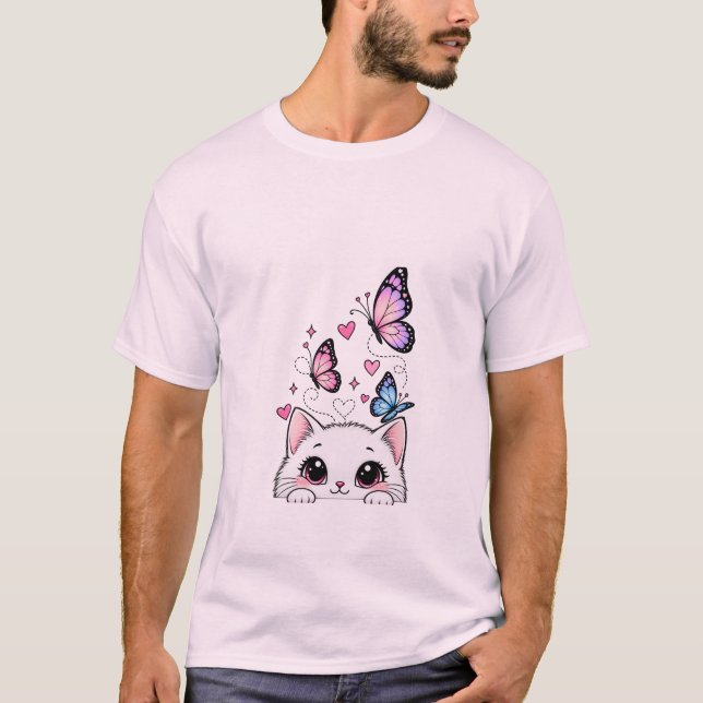 Söt katt och fjäril T-shirt (Framsida)
