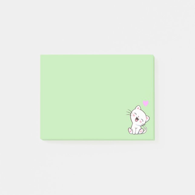 Söt katt och hjärta på ljust grön post-it block (Framsida)