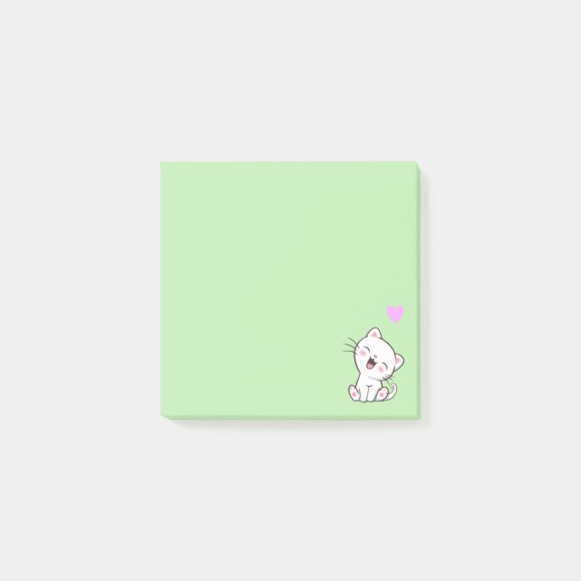Söt katt och hjärta på ljust grön post-it block (Framsida)