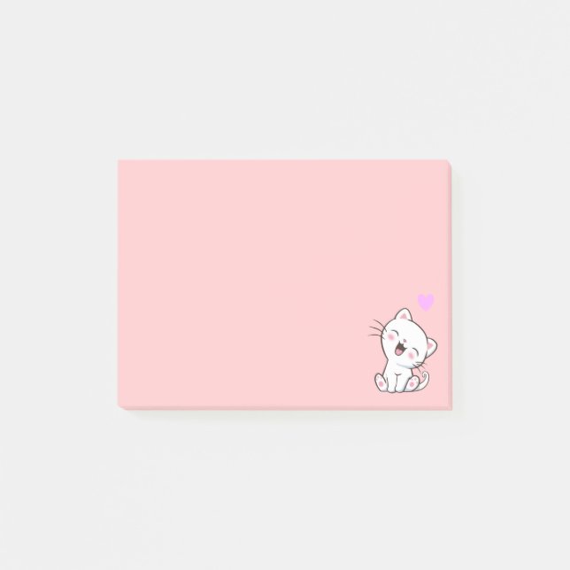 Söt katt och hjärta på rosa post-it block (Framsida)