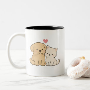 Söt katt och hund bästa vänner Kawaii valp kattung Två-Tonad Mugg