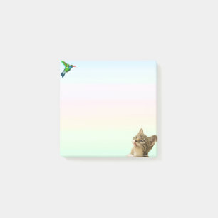 Söt katt och liten fågel på pastellfärg post-it block
