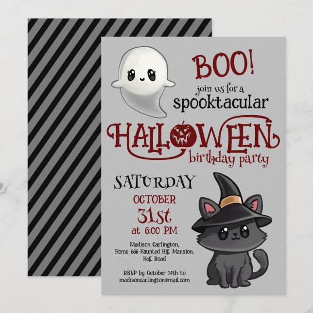 Söt Katt Och Spöke Halloween Födelsedagsfest Inbjudningar (Fram/baksida)