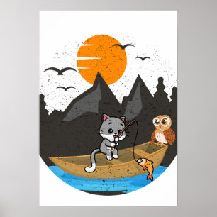 Söt Katt Och Ugglas Fiskebåt Natur Konst Poster
