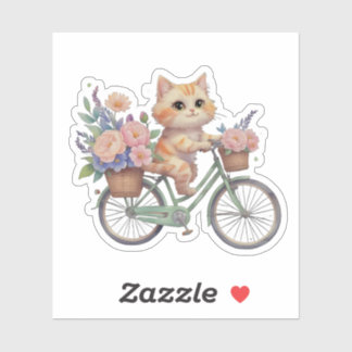 Söt Katt på Blommig Cykel-dekal Klistermärken