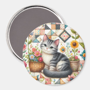Söt katt på blomstertäcke Cottagecore Magnet