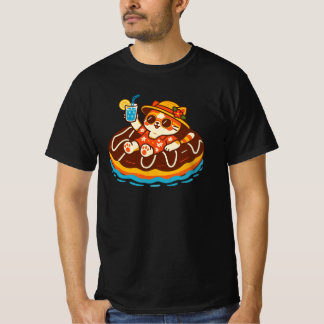 Söt katt på chokladdonutflotte | Sommar Kawaii T Shirt