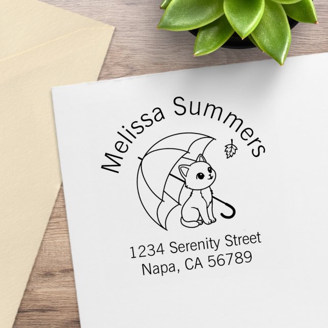 Söt Katt Paraply Blad Båge Adress Stämpel (Skapare uppladdad)