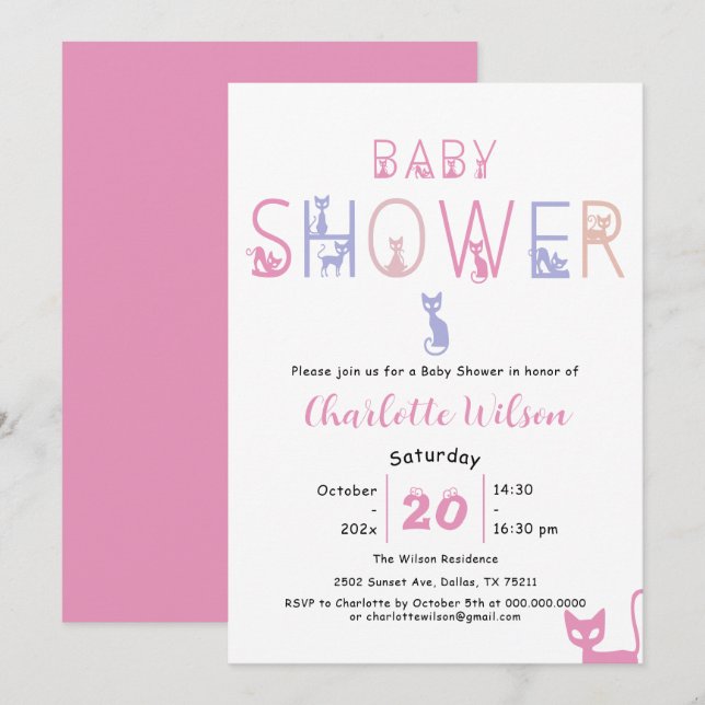 Söt Katt Pastell Färg Bebis Baby Shower Inbjudningar (Fram/baksida)