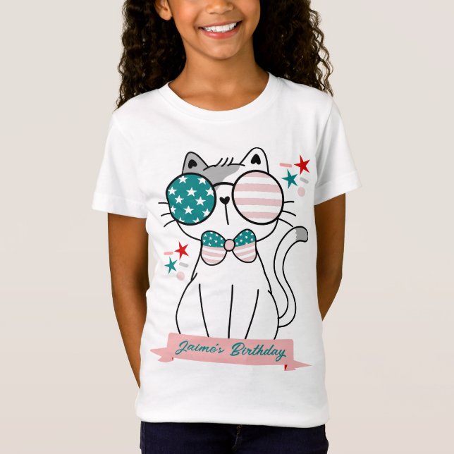 Söt katt patriotisk födelsedagsfest t shirt (Framsida)