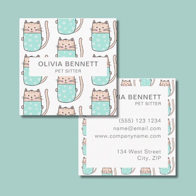 Söt Katt Petsittarservice Fyrkantigt Visitkort (Cat illustrated business card perfect for pet sitter business.)