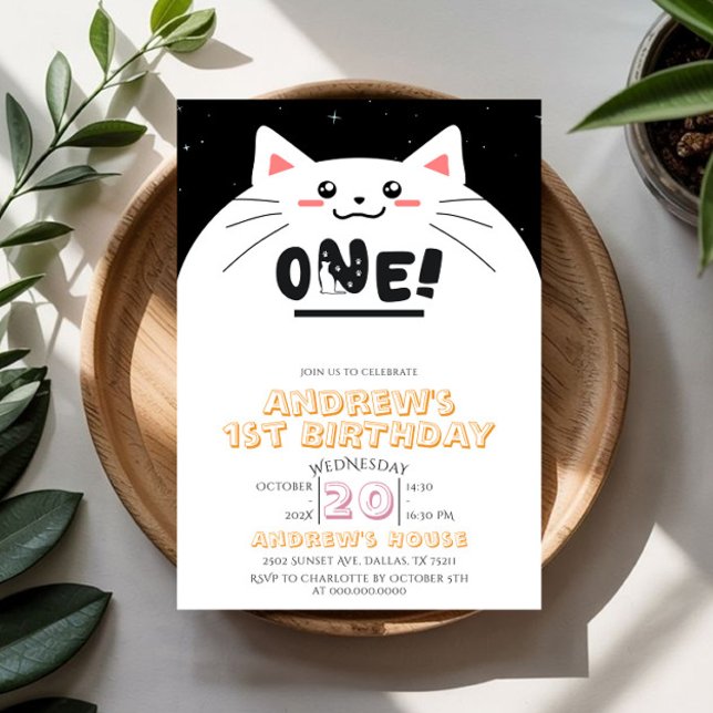 Söt katt-ram med gnistrande stjärnor 1-årsdag inbjudningar (Skapare uppladdad)