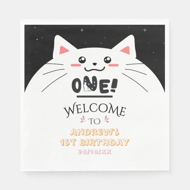Söt katt-ram med gnistrande stjärnor 1-årsdag pappersservett (Framsidan)