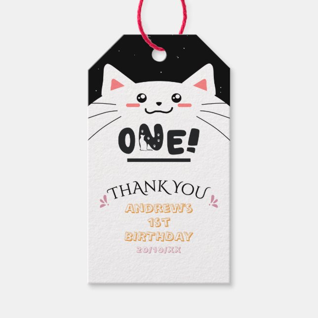 Söt katt-ram med gnistrande stjärnor 1-årsdag presentetikett (Framsidan)