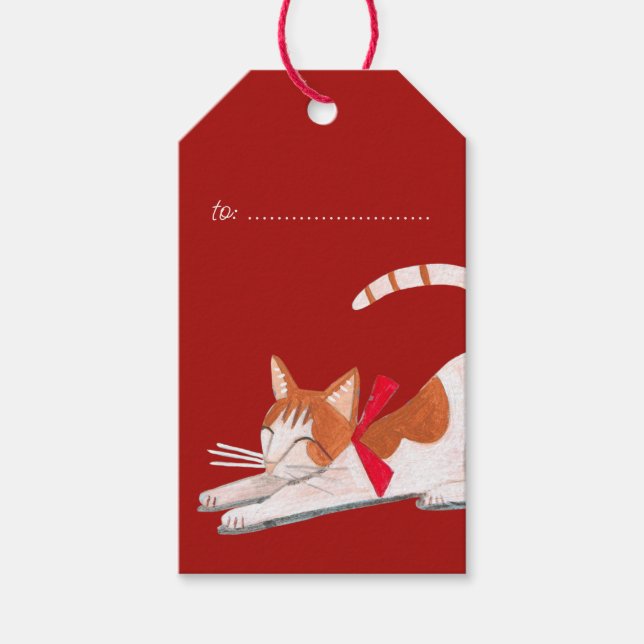Söt katt röd jul firande presentetikett (Framsidan)